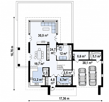 Проект современного двухэтажного дома из газобетона с плоской крышей с гаражом для двух автомобилей и террасами на обоих уровнях / План 1 этажа Проект современного двухэтажного дома из газобетона с плоской крышей с гаражом для двух автомобилей и террасами на обоих уровнях / План 1 этажа