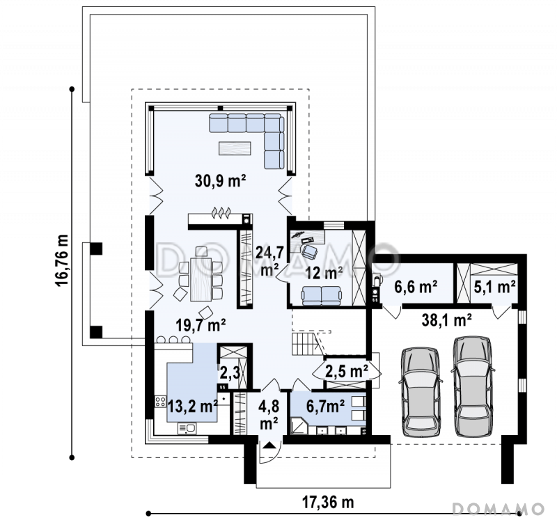 Проект современного двухэтажного дома из газобетона с плоской крышей с гаражом для двух автомобилей и террасами на обоих уровнях / План 1 этажа