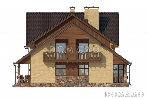 Проект дома с просторной гостиной и кухней столовой, террасой с барбекю, зимним садом, двумя балконами,  / Фасад 1