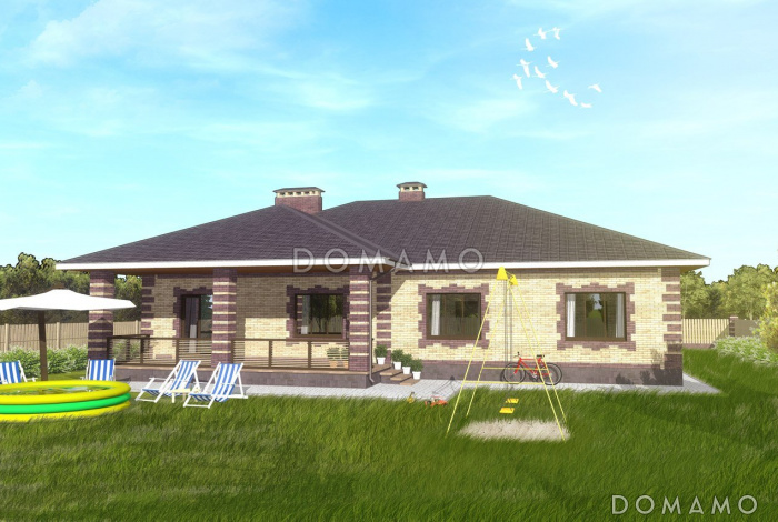 Проект одноэтажного дома по технологии ЛСТК с гаражом и открытой террасой Проект одноэтажного дома по технологии ЛСТК с гаражом и открытой террасой