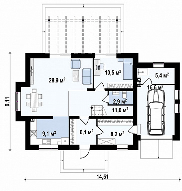 Проект одноэтажного коттеджа из газобетона с мансардным этажом, пятью спальнями и гаражом / План 1 этажа Проект одноэтажного коттеджа из газобетона с мансардным этажом, пятью спальнями и гаражом / План 1 этажа