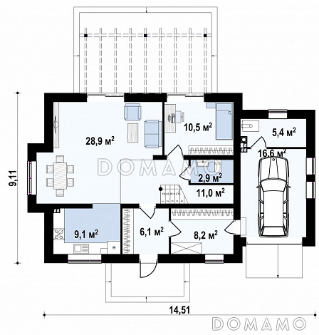 Проект одноэтажного коттеджа из газобетона с мансардным этажом, пятью спальнями и гаражом / План 1 этажа Проект одноэтажного коттеджа из газобетона с мансардным этажом, пятью спальнями и гаражом / План 1 этажа