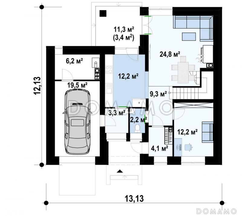 Проект двухэтажного дома с гаражом, кухней с выходом на террасу, кабинетом / План 1 этажа