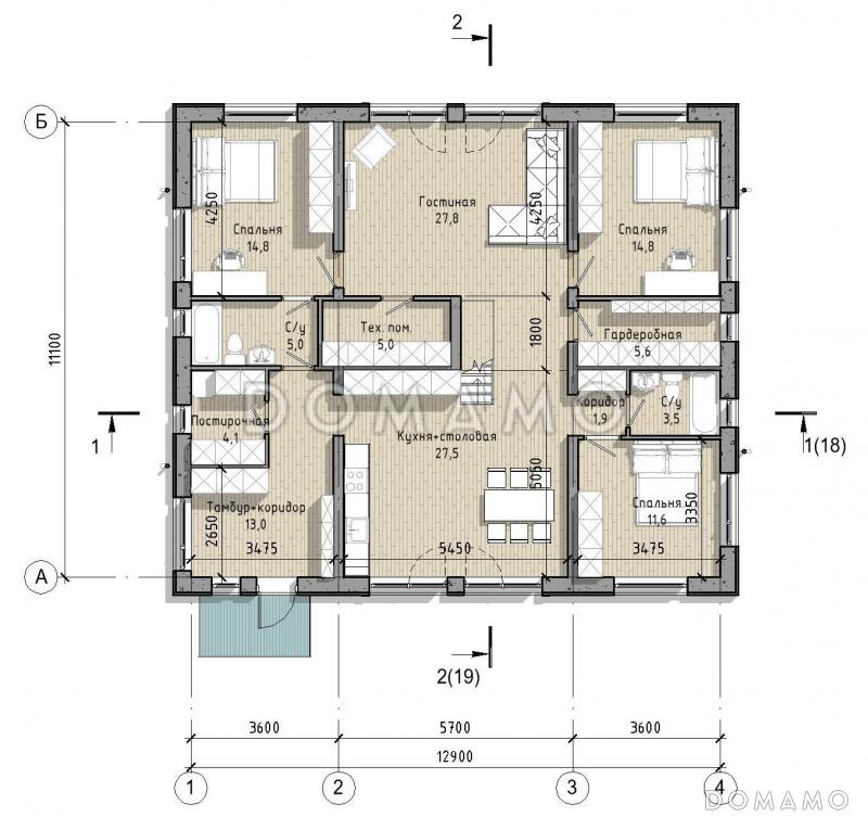Проект дома с 3 спальнями, кабинетом на мансарде и вторым светом в кухне-столовой / План 1 этажа Проект дома с 3 спальнями, кабинетом на мансарде и вторым светом в кухне-столовой / План 1 этажа