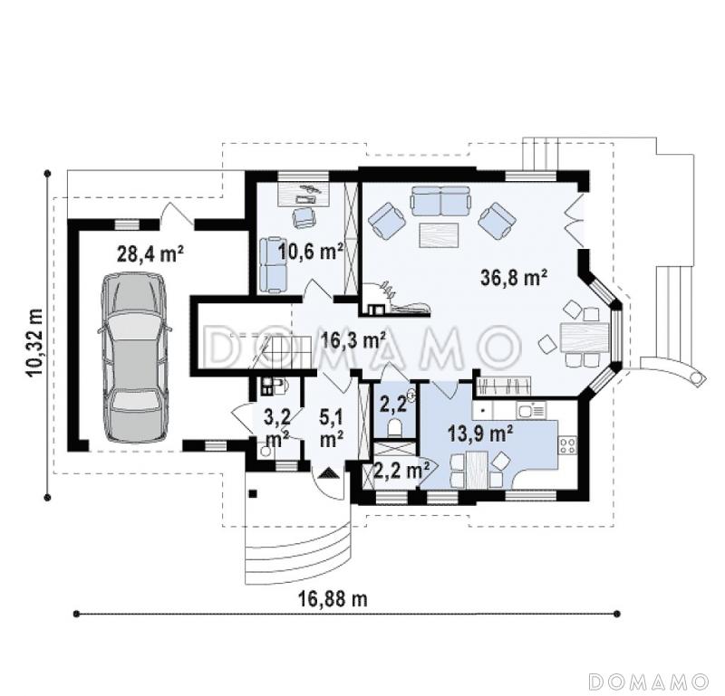Проект одноэтажного мансардного дома из кирпича с кабинетом, эркером, балконом над ним и гаражом / План 1 этажа