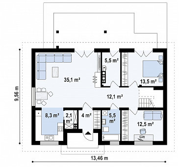 Проект одноэтажного мансардного дома из газобетона классической формы и планировки, с пятью комнатами / План 1 этажа