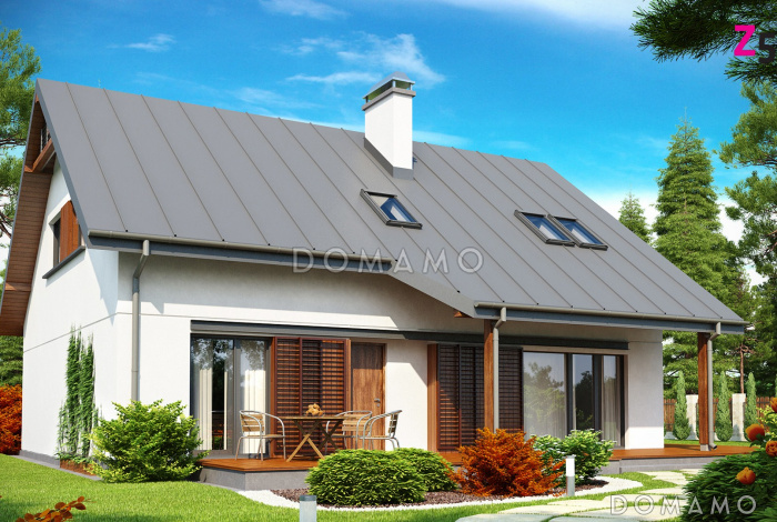 Проект одноэтажного мансардного дома из кирпича со стеклянным прямоугольным эркером и гаражом