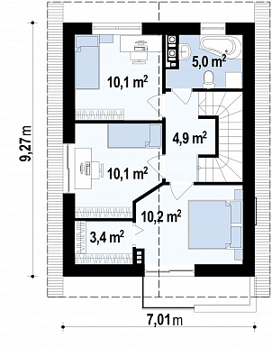 Проект небольшого двухэтажного дома из кирпича с тремя спальнями и балконом / План 2 этажа