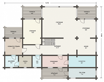 Проект двухэтажного дома из клееного бруса с тремя небольшими террасами на первом этаже / План 1 этажа Проект двухэтажного дома из клееного бруса с тремя небольшими террасами на первом этаже / План 1 этажа