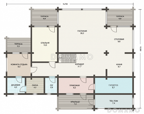 Проект двухэтажного дома из клееного бруса с тремя небольшими террасами на первом этаже / План 1 этажа Проект двухэтажного дома из клееного бруса с тремя небольшими террасами на первом этаже / План 1 этажа