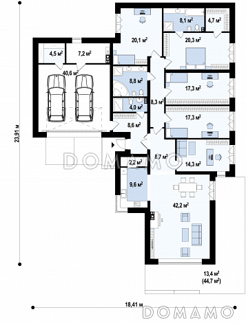 Проект загородного дома с гаражом на 2 машины и кладовой, просторной гостиной, кухней с угловым окном и кладовой, террасой / План 1 этажа