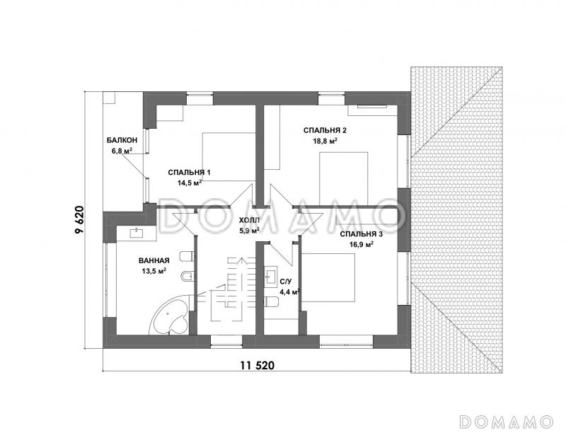 Проект дома из газобетона с 3 спальнями и ванной на втором этаже / План 2 этажа