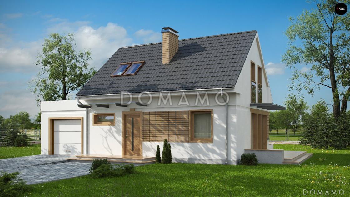 Проект компактного одноэтажного мансардного дома из кирпича с дополнительной спальней на первом этаже и гаражом / 1