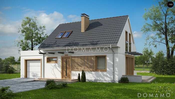 Проект компактного одноэтажного мансардного дома из кирпича с дополнительной спальней на первом этаже и гаражом Проект компактного одноэтажного мансардного дома из кирпича с дополнительной спальней на первом этаже и гаражом