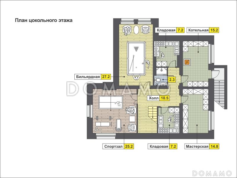 Загородный дом с окнами в пол, с тремя террасами и лоджией / План цокольного этажа