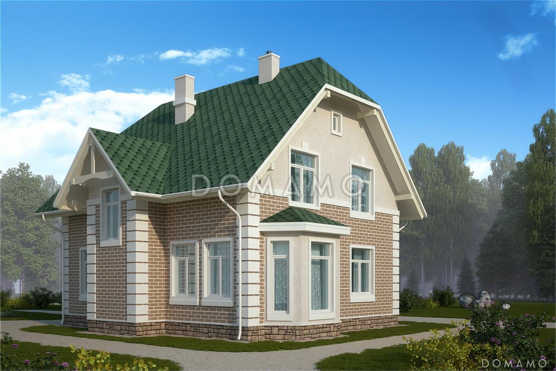 Проект уютного компактного коттеджа с зеленой крышей и панорамным эркером гостиной / 1