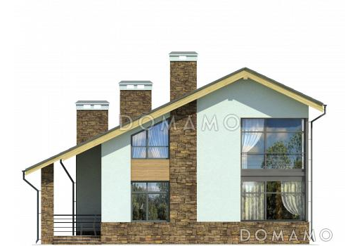 Проект дома с крытой террасой, котельной и хозблоком, спальней на первом этаже, тремя спальнями на мансарде / Фасад 2