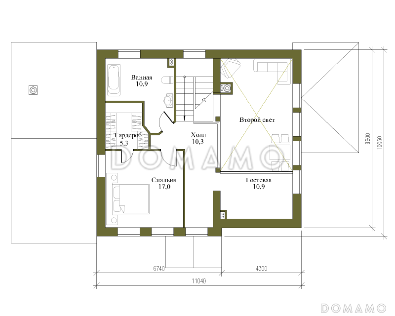 Проект загородного дома под красной кровлей с вторым светом, террасой и гаражом / План мансардного этажа