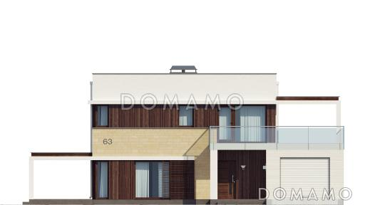 Проект современного двухэтажного дома из газобетона с плоской крышей с кабинетом, гаражом и крытыми террасами на обоих уровнях / Фасад 1