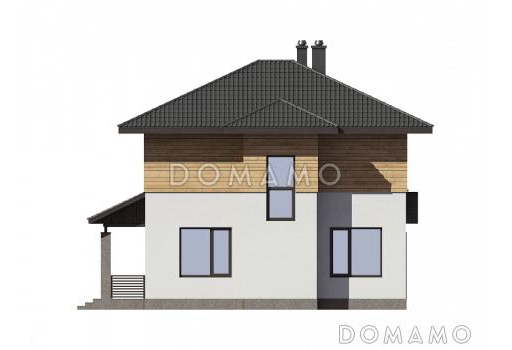 Проект двухэтажного дома из газобетона с пятью комнатами и крытой террасой / Фасад 4