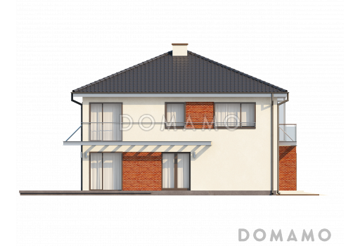 Проект просторного современного двухэтажного дома из кирпича, с пятью комнатами, гаражом и застеклённой террасой над ним / Фасад 2