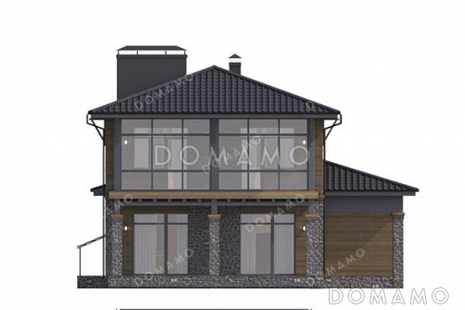 Проект двухэтажного дома с террасой, гаражом на два автомобиля и подвалом / Фасад 1