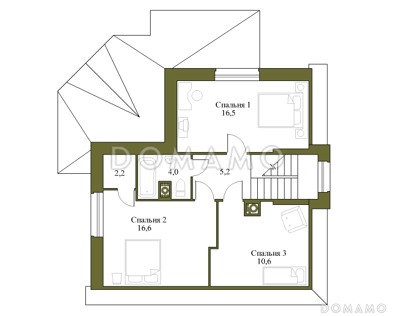 Проект коттеджа с большой террасой и небольшим подвалом. / План мансардного этажа