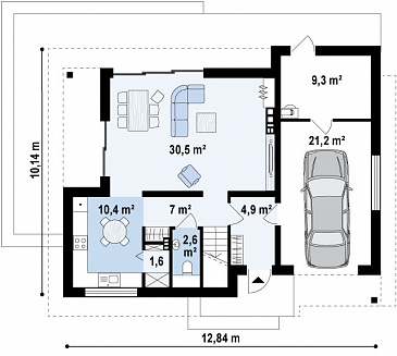 Проект одноэтажного мансардного дома из газобетона с большой гостиной, гаражом и частично крытой террасой / План 1 этажа Проект одноэтажного мансардного дома из газобетона с большой гостиной, гаражом и частично крытой террасой / План 1 этажа
