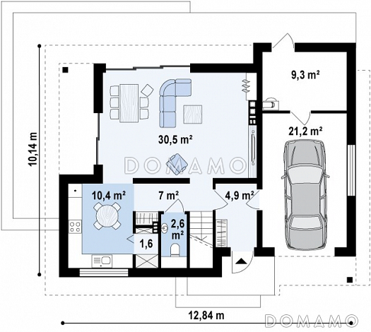 Проект одноэтажного мансардного дома из газобетона с большой гостиной, гаражом и частично крытой террасой / План 1 этажа Проект одноэтажного мансардного дома из газобетона с большой гостиной, гаражом и частично крытой террасой / План 1 этажа