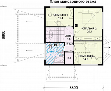 Проект дома из бруса с гаражом / План мансардного этажа Проект дома из бруса с гаражом / План мансардного этажа