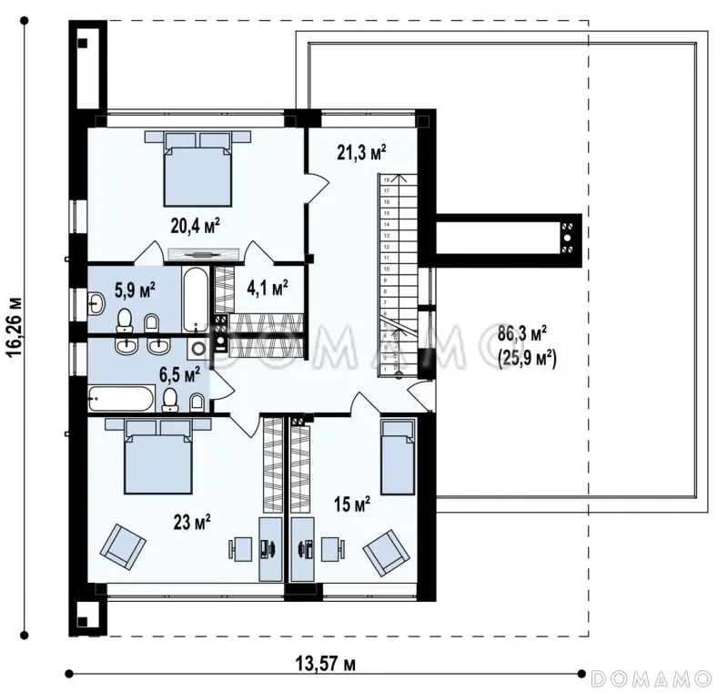 Проект современного двухэтажного дома из газобетона с тремя спальнями, спортзалом, сауной и гаражом для двух автомобилей / План 2 этажа