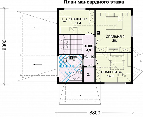 Проект дома из бруса с гаражом / План мансардного этажа