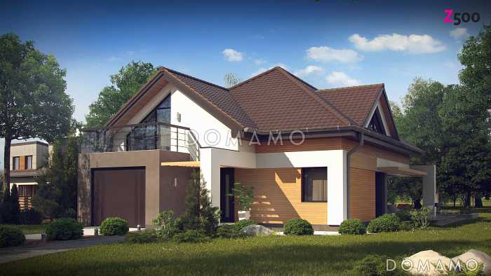 Проект одноэтажного мансардного дома из газобетона с гаражом и тремя спальнями и балконом