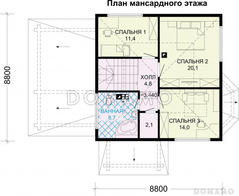 Проект дома из бруса с гаражом / План мансардного этажа