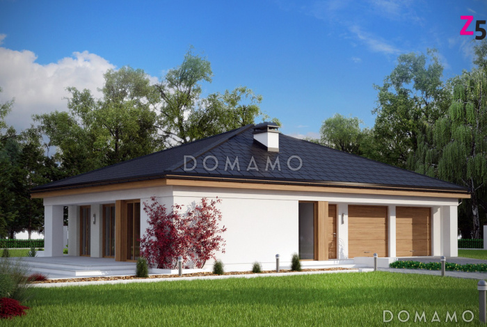 Проект квадратного одноэтажного дома из кирпича с четырьмя комнатами и гаражом для большой семьи Проект квадратного одноэтажного дома из кирпича с четырьмя комнатами и гаражом для большой семьи