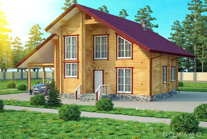 Проект двухэтажного дома из клееного бруса с навесом для авто Проект двухэтажного дома из клееного бруса с навесом для авто