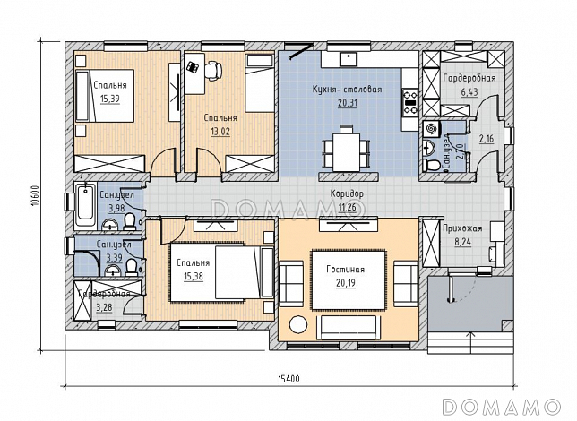 Проект одноэтажного дома в современном стиле / План 1 этажа