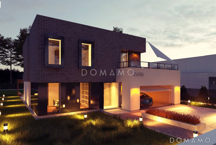 Проект современного двухэтажного дома из кирпича с плоской крышей,  с четырьмя спальнями, кабинетом и гаражом Проект современного двухэтажного дома из кирпича с плоской крышей,  с четырьмя спальнями, кабинетом и гаражом