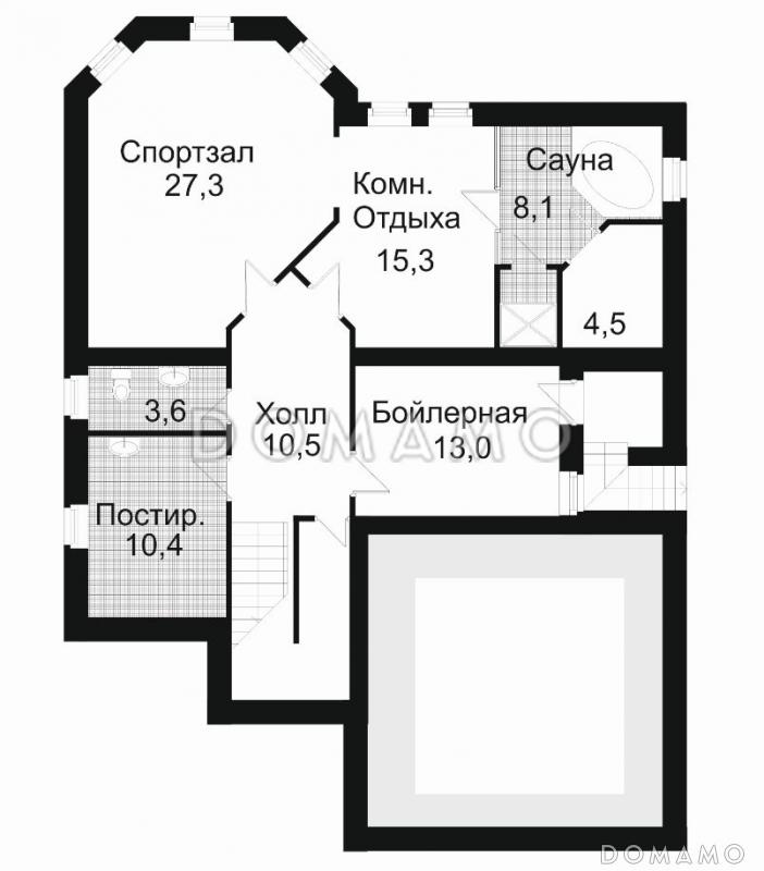 Проект коттеджа с спортзалом и гаражом на две машины / План цокольного этажа