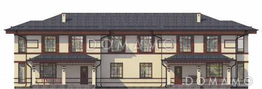 Проект двухэтажного дома на два хозяина с верандой и отдельным входом для каждой семьи / Фасад 1