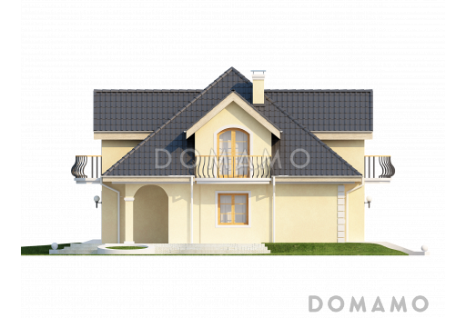 Проект классического одноэтажного мансардного дома из газобетона с кабинетом, хозяйственным помещением и с балконами в каждой из трёх спален / Фасад 1