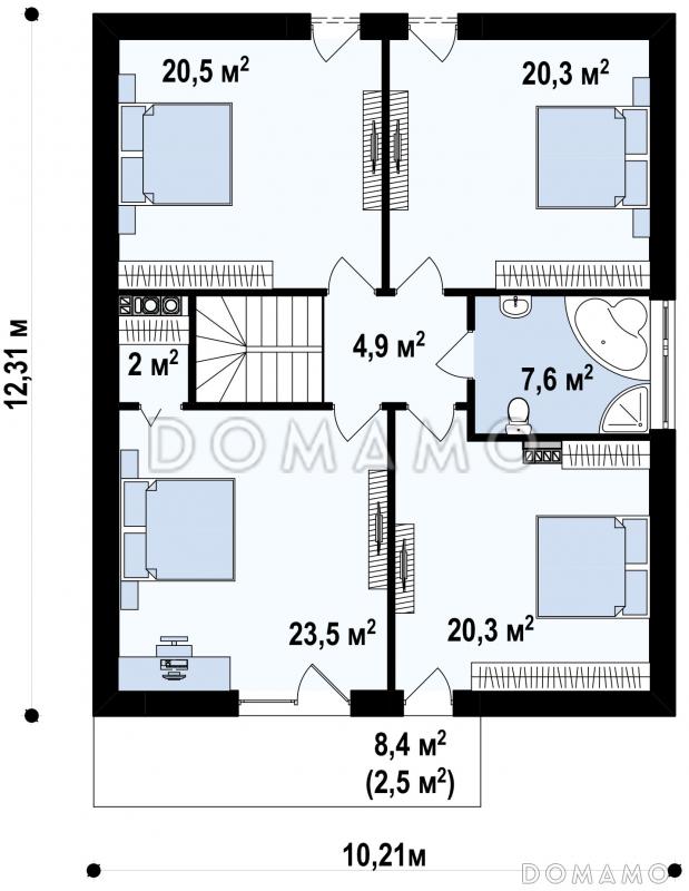 Проект мансардного дома из кирпича с пятью спальнями, гаражом и балконом / План мансардного этажа