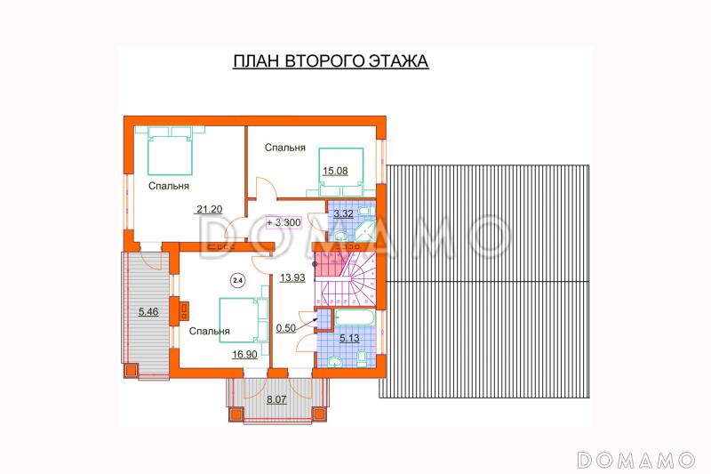 Проект дома с гаражом на две машины, просторной кухней-гостиной с выходом на террасу, гостевой спальней на первом этаже, балконами / План мансардного этажа