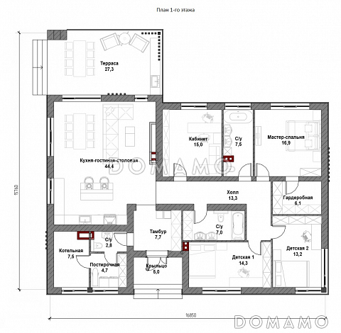 Проект одноэтажного дома с крытой террасой, объединенной кухней-гостиной-столовой, детскими, кабинетом / План 1 этажа