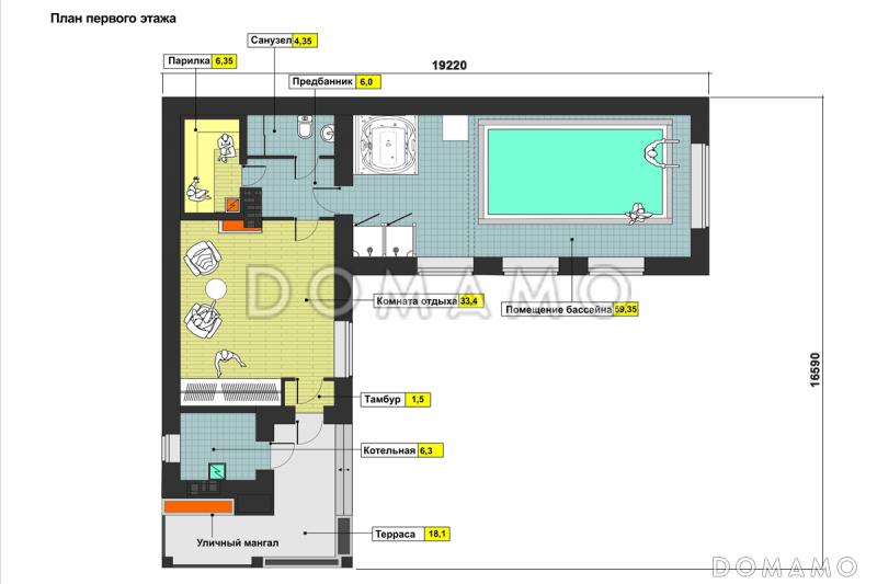 Проект бани с террасой, бассейном, сауной, парилкой и просторной комнатой отдыха / План 1 этажа