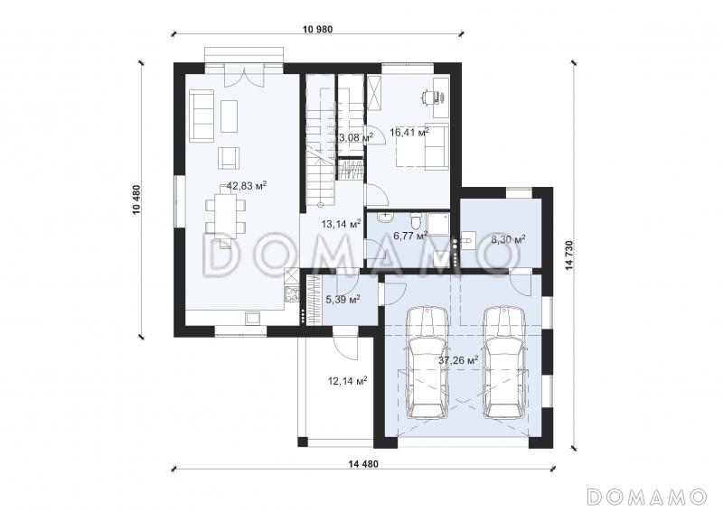 Проект стильного дома с гаражом на две машины S-216 / План 1 этажа