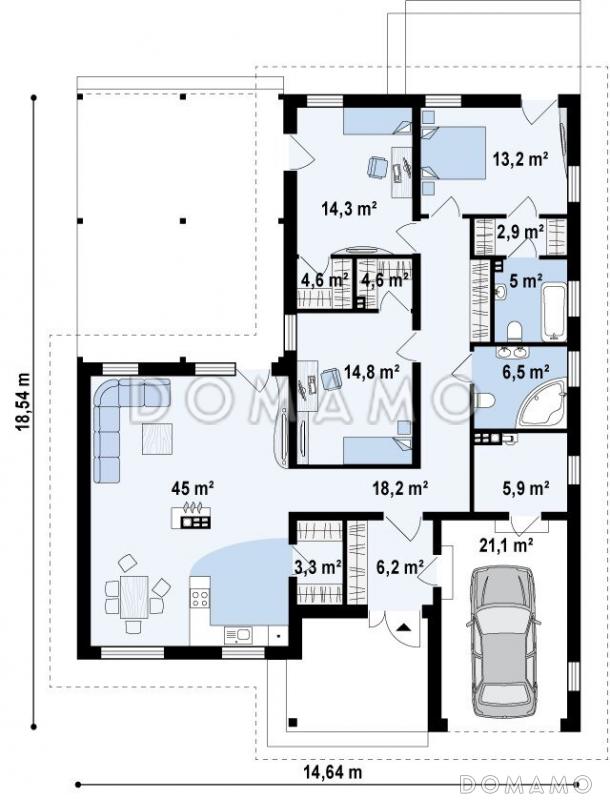 Проект одноэтажного дома из газобетона с большой террасой в угловой части дома и гаражом  / План 1 этажа