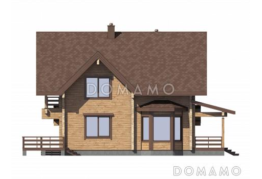 Проект двухэтажного деревянного дома с двумя террасами и гаражом на 1 автомобиль / Фасад 3