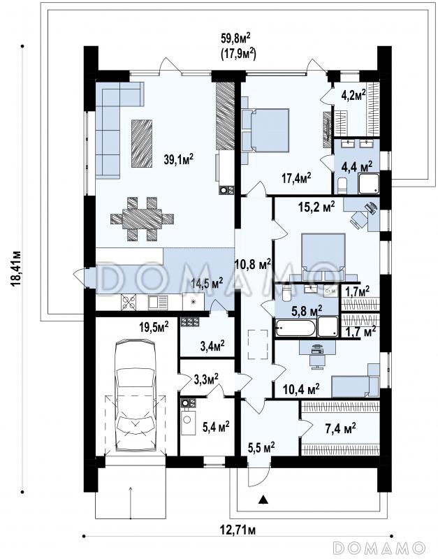 Проект современного одноэтажного дома из кирпича с тремя спальнями и гаражом / План 1 этажа