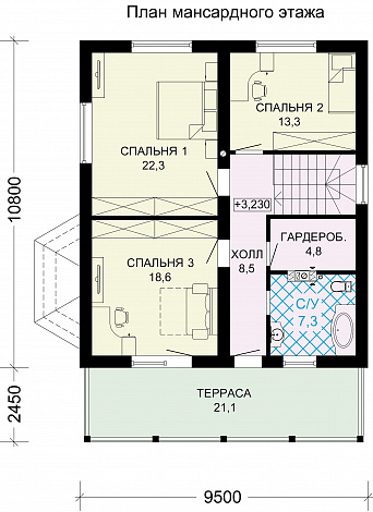 Проект загородного дома из пеноблоков с тремя спальными комнатами на мансардном этаже / План мансардного этажа